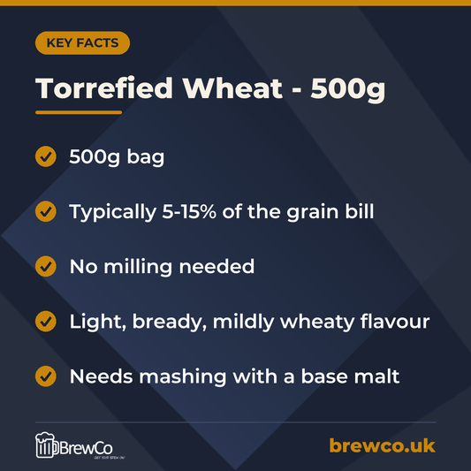 Torrefied Wheat - 500g key facts: 500g bag, typically 5-15% of the grain bill, no milling needed