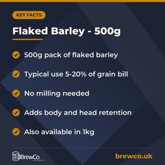 Flaked Barley - 500g key facts: 500g pack of flaked barley, typical use 5-20% of grain bill, no milling needed
