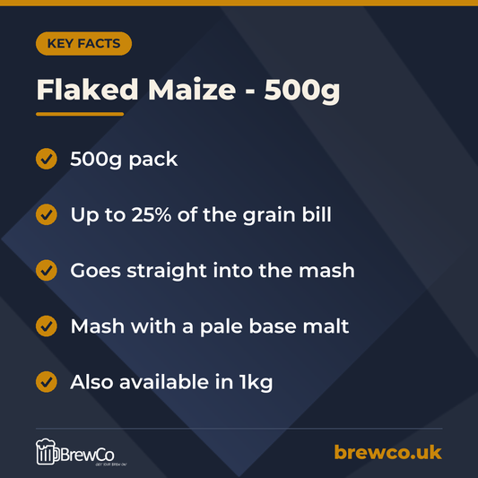 Flaked Maize - 500g key facts: 500g pack, up to 25% of the grain bill, goes straight into the mash
