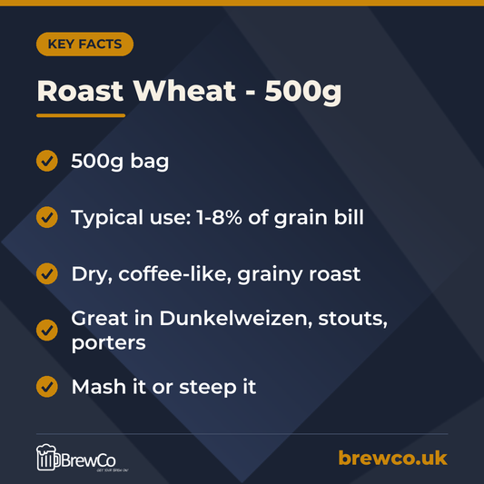 Roast Wheat - 500g key facts: 500g bag, typical use: 1-8% of grain bill, dry, coffee-like, grainy roast