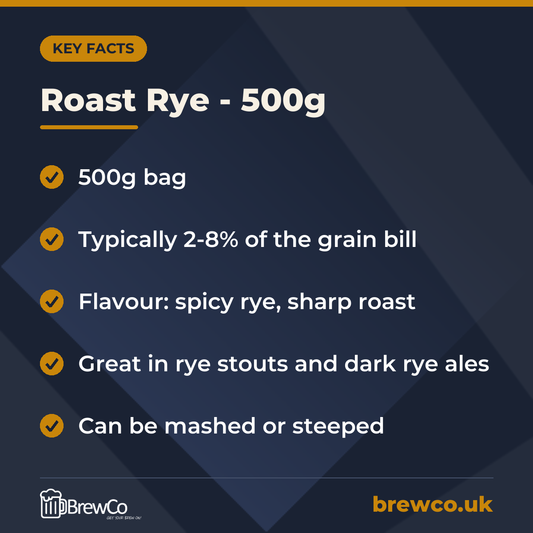 Roast Rye - 500g key facts: 500g bag, typically 2-8% of the grain bill, flavour: spicy rye, sharp roast