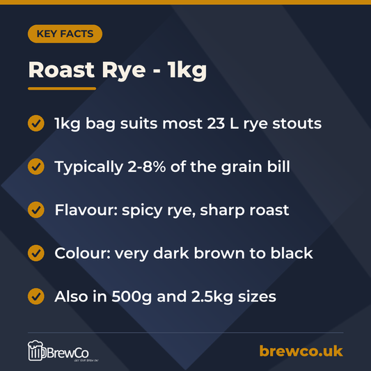 Roast Rye - 1kg key facts: 1kg bag suits most 23 L rye stouts, typically 2-8% of the grain bill, flavour: spicy rye, sharp roast