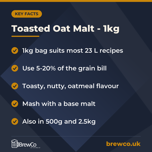 Toasted Oat Malt - 1kg key facts: 1kg bag suits most 23 L recipes, use 5-20% of the grain bill, toasty, nutty, oatmeal flavour