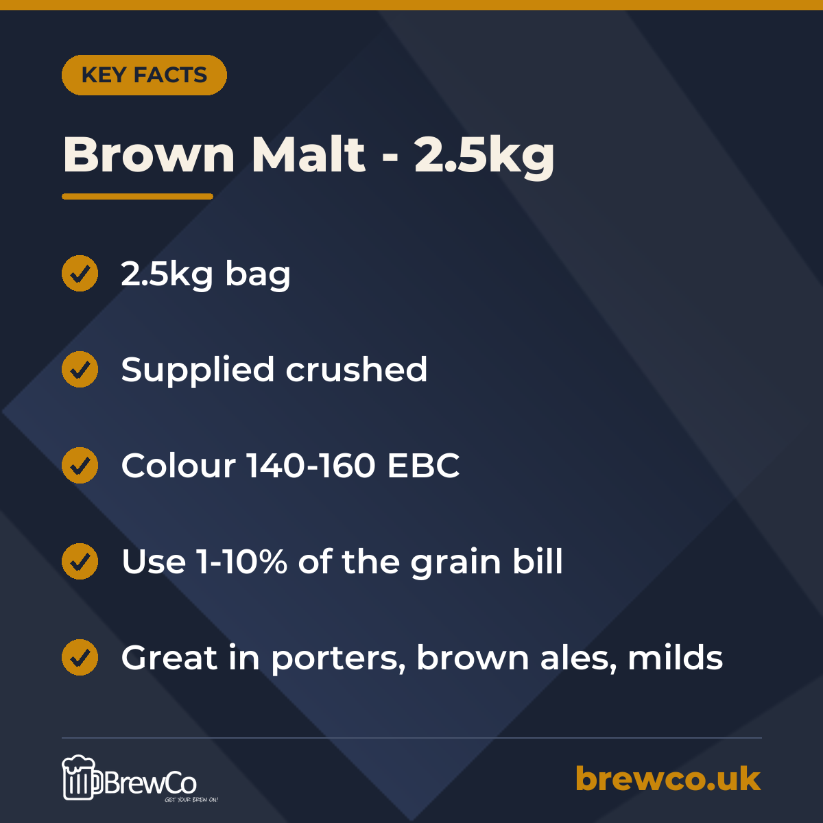 Brown Malt - 2.5kg key facts: 2.5kg bag, supplied crushed, colour 140-160 EBC