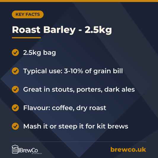 Roast Barley - 2.5kg key facts: 2.5kg bag, typical use: 3-10% of grain bill, great in stouts, porters, dark ales