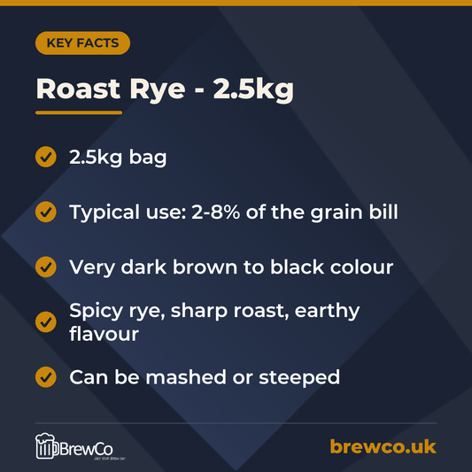 Roast Rye - 2.5kg key facts: 2.5kg bag, typical use: 2-8% of the grain bill, very dark brown to black colour