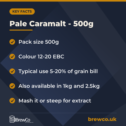 Pale Caramalt - 500g key facts: pack size 500g, colour 12-20 EBC, typical use 5-20% of grain bill