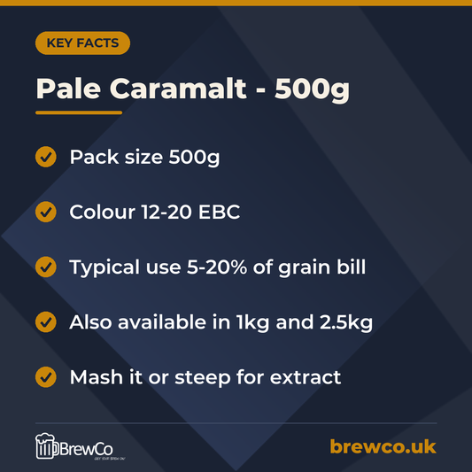 Pale Caramalt - 500g key facts: pack size 500g, colour 12-20 EBC, typical use 5-20% of grain bill