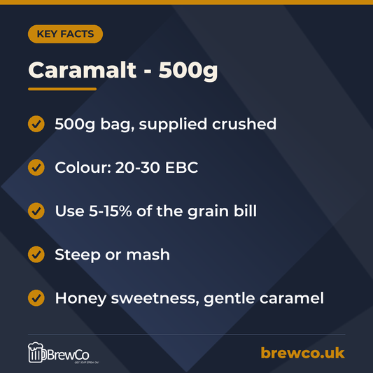 Caramalt - 500g key facts: 500g bag, supplied crushed, colour: 20-30 EBC, use 5-15% of the grain bill