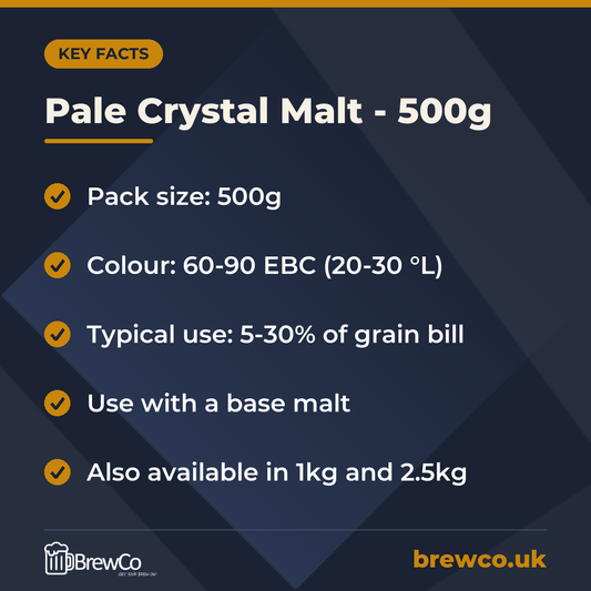 Pale Crystal Malt - 500g key facts: pack size: 500g, colour: 60-90 EBC (20-30 °L), typical use: 5-30% of grain bill