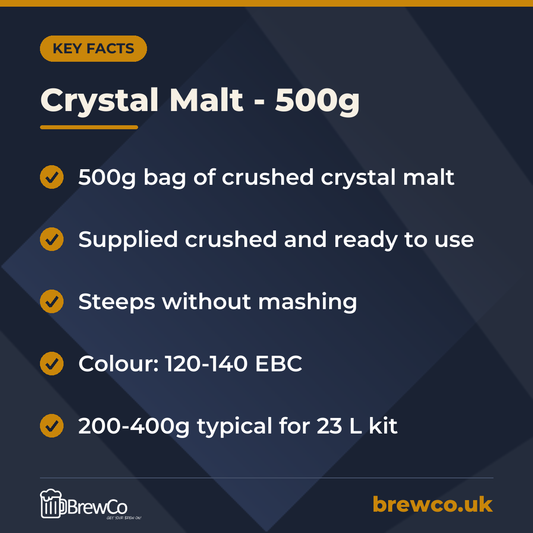 Crystal Malt - 500g key facts: 500g bag of crushed crystal malt, supplied crushed and ready to use, steeps without mashing