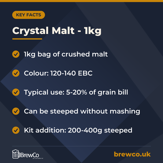 Crystal Malt - 1kg key facts: 1kg bag of crushed malt, colour: 120-140 EBC, typical use: 5-20% of grain bill