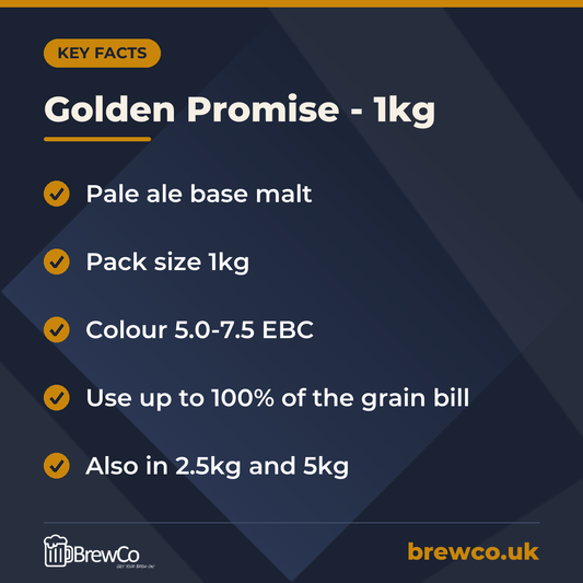 Golden Promise - 1kg key facts: pale ale base malt, pack size 1kg, colour 5.0-7.5 EBC