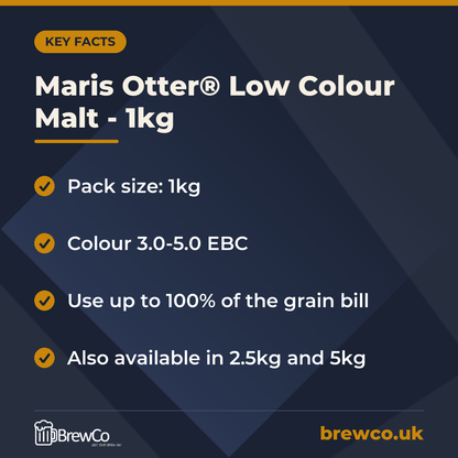 Maris Otter® Low Colour Malt - 1kg key facts: pack size: 1kg, colour 3.0-5.0 EBC, use up to 100% of the grain bill