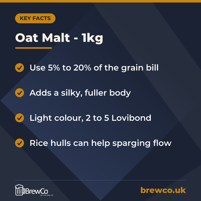 Oat Malt - 1kg key facts: use 5% to 20% of the grain bill, adds a silky, fuller body, light colour, 2 to 5 Lovibond
