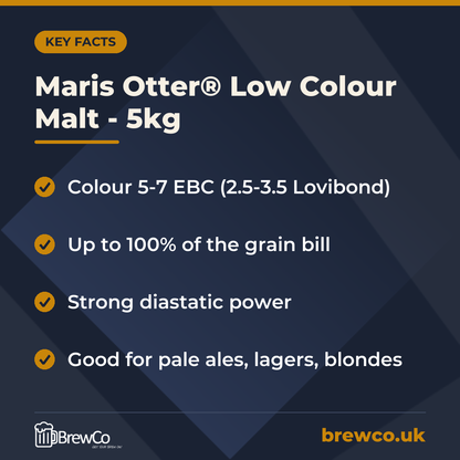 Maris Otter® Low Colour Malt - 5kg key facts: colour 5-7 EBC (2.5-3.5 Lovibond), up to 100% of the grain bill, strong diastatic power