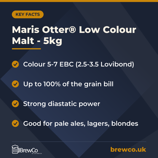 Maris Otter® Low Colour Malt - 5kg key facts: colour 5-7 EBC (2.5-3.5 Lovibond), up to 100% of the grain bill, strong diastatic power