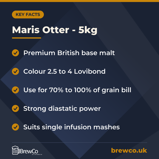 Maris Otter - 5kg key facts: premium British base malt, colour 2.5 to 4 Lovibond, use for 70% to 100% of grain bill