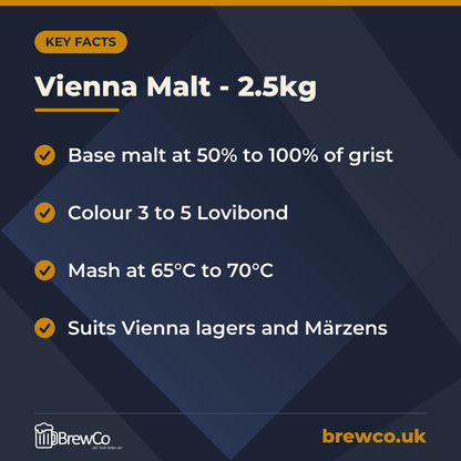 Vienna Malt - 2.5kg key facts: base malt at 50% to 100% of grist, colour 3 to 5 Lovibond, mash at 65°C to 70°C