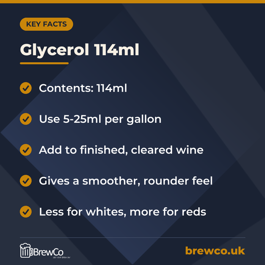 Glycerol 114ml key facts: contents: 114ml, use 5-25ml per gallon, add to finished, cleared wine