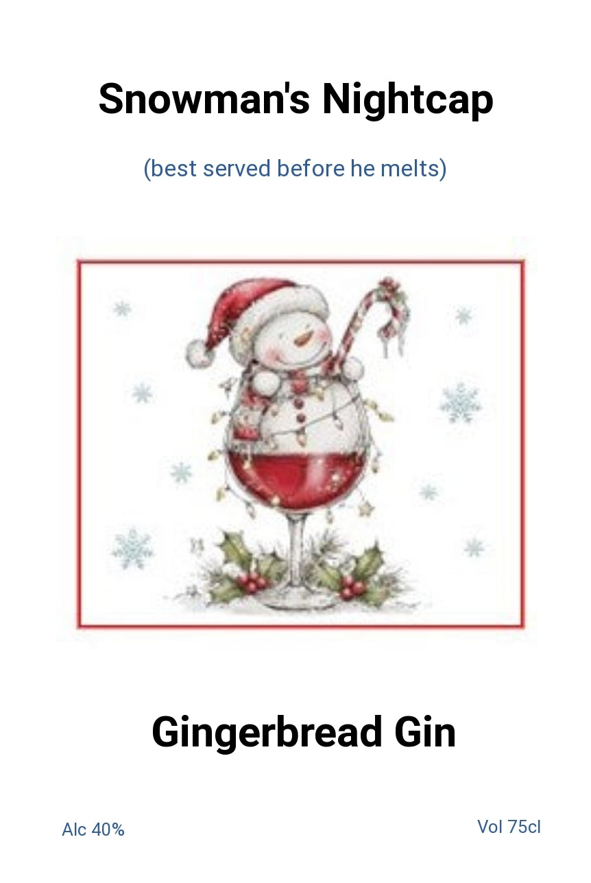 Snowman in a Glass personalised Christmas bottle label - finished example