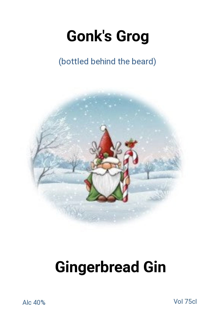 Festive Gonk personalised Christmas bottle label - finished example