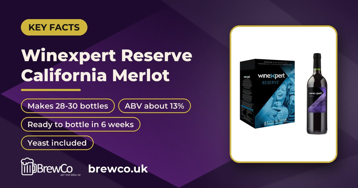 Winexpert Reserve California Merlot key facts: makes 28-30 bottles, ABV about 13%, ready to bottle in 6 weeks, yeast included