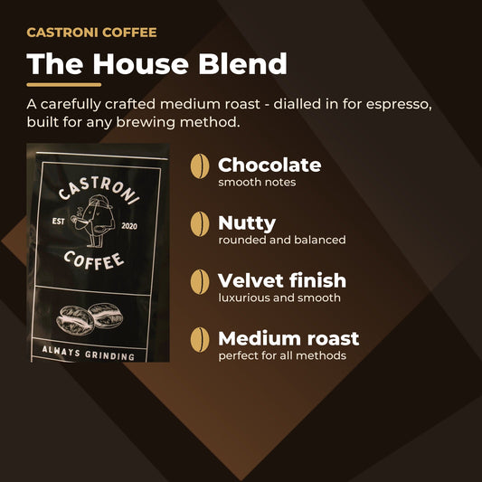 The House Blend flavour notes - chocolate, nutty, velvet finish, medium roast
